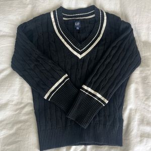 GAP varsity v-neck cable knit sweater, black, size XS